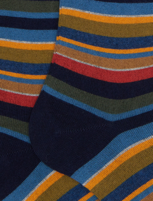 Men's long blue cotton and cashmere socks with multicoloured micro stripes - Socks | Gallo 1927 - Official Online Shop