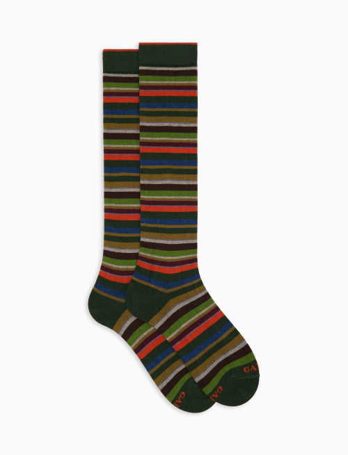 Men's long green cotton and cashmere socks with multicoloured micro stripes - Socks | Gallo 1927 - Official Online Shop