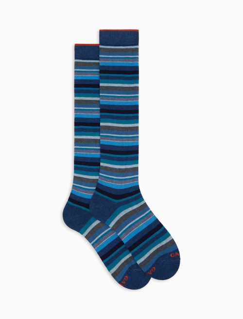 Men's long blue cotton and cashmere socks with multicoloured micro stripes - Socks | Gallo 1927 - Official Online Shop