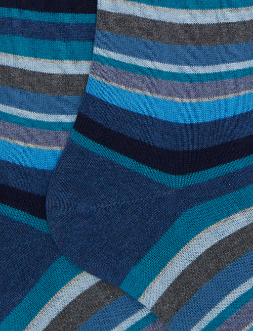 Men's long blue cotton and cashmere socks with multicoloured micro stripes - Socks | Gallo 1927 - Official Online Shop