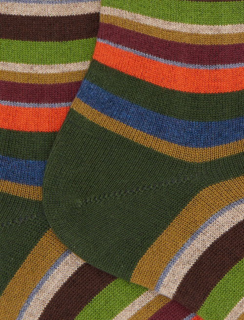 Men's short green cotton and cashmere socks with multicoloured micro stripes - Socks | Gallo 1927 - Official Online Shop