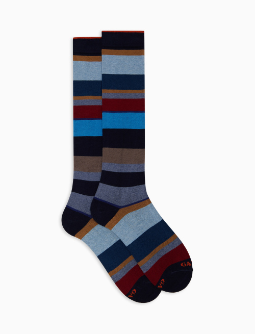 Men's long blue cotton and cashmere socks with multicoloured macro stripes - Socks | Gallo 1927 - Official Online Shop