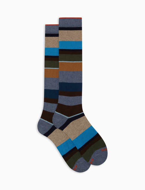 Men's long light blue cotton and cashmere socks with multicoloured macro stripes - Multicolor | Gallo 1927 - Official Online Shop