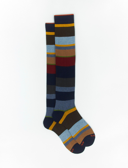Men's long navy blue cotton and cashmere socks with multicoloured macro stripes - The timeless Edition | Gallo 1927 - Official Online Shop