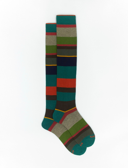 Men's long eucalyptus green cotton and cashmere socks with multicoloured macro stripes - Man | Gallo 1927 - Official Online Shop