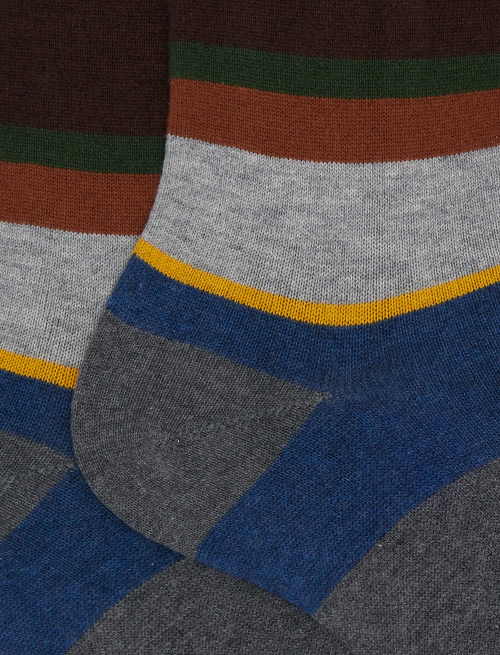 Men's short grey cotton and cashmere socks with multicoloured macro stripes - Socks | Gallo 1927 - Official Online Shop