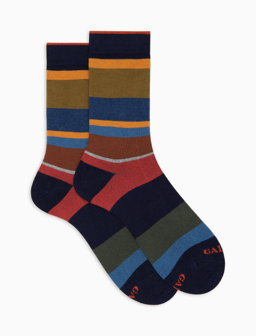 Men's short blue cotton and cashmere socks with multicoloured macro stripes - Socks | Gallo 1927 - Official Online Shop
