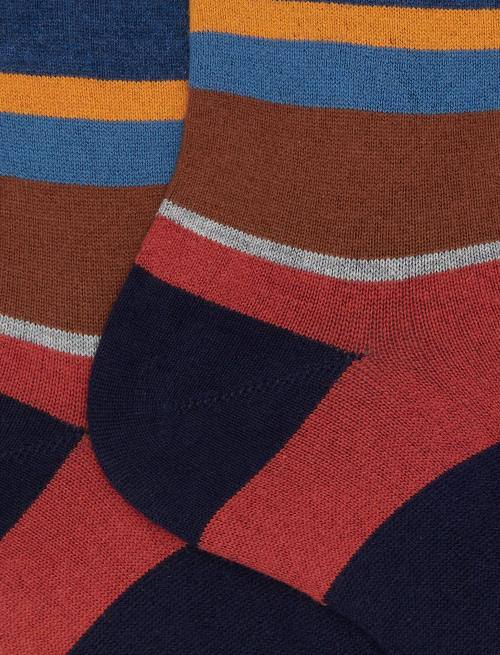 Men's short blue cotton and cashmere socks with multicoloured macro stripes - Socks | Gallo 1927 - Official Online Shop