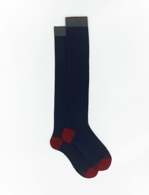 Men's long plain navy cotton and cashmere socks with contrasting details | Gallo 1927 - Official Online Shop