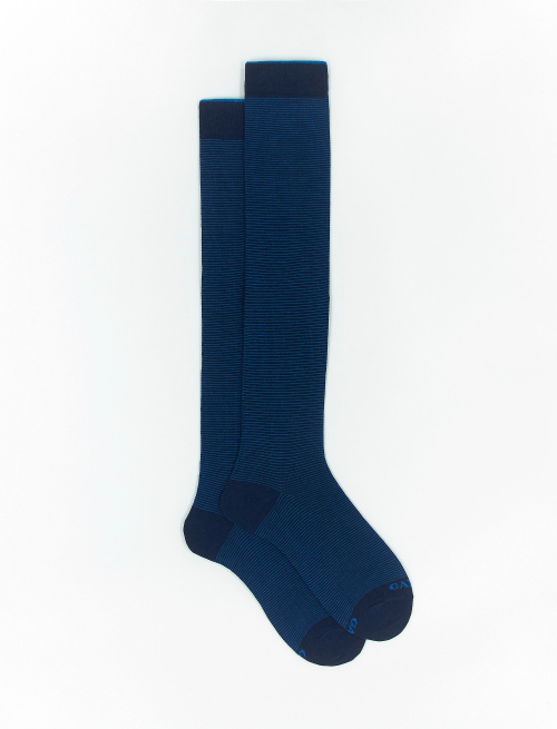 Men's long royal/Aegean blue cotton socks with two-tone stripes | Gallo 1927 - Official Online Shop
