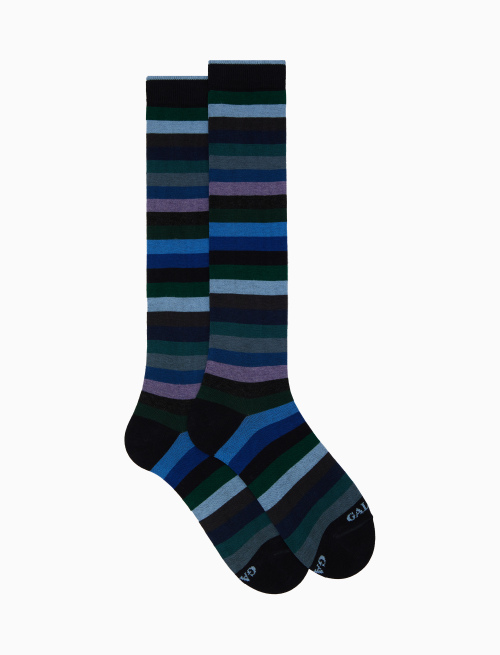 Men's long blue cotton socks with even stripes | Gallo 1927 - Official Online Shop