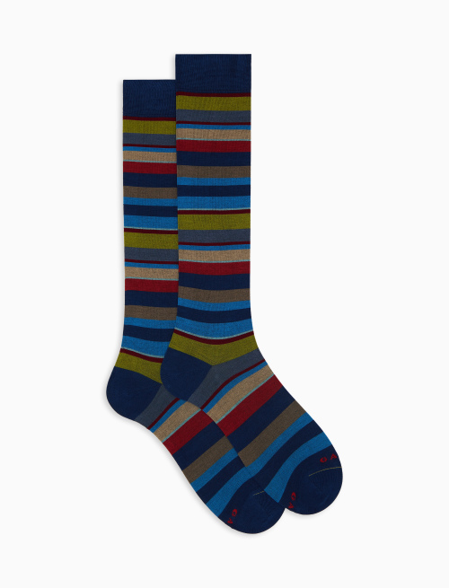 Men's long blue cotton socks with multicoloured stripes - Long | Gallo 1927 - Official Online Shop