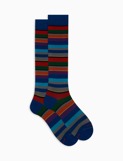 Men's long blue cotton socks with multicoloured stripes - Long | Gallo 1927 - Official Online Shop