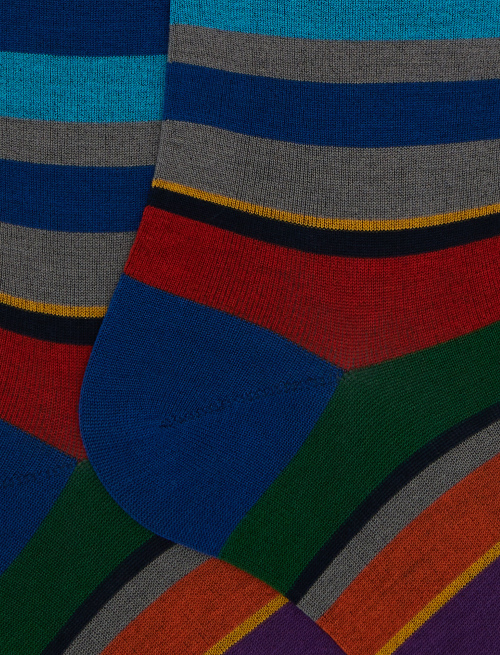 Men's long blue cotton socks with multicoloured stripes - Socks | Gallo 1927 - Official Online Shop