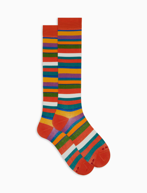 Men's long orange cotton socks with multicoloured stripes - Long | Gallo 1927 - Official Online Shop