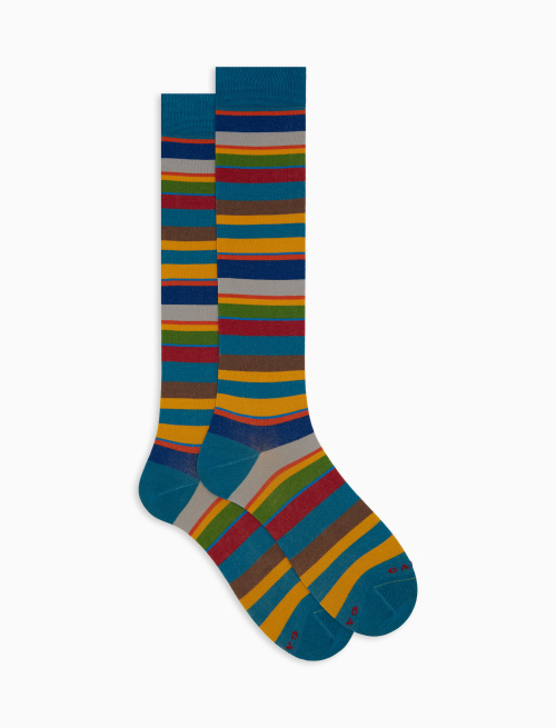 Men's long light blue cotton socks with multicoloured stripes - Long | Gallo 1927 - Official Online Shop