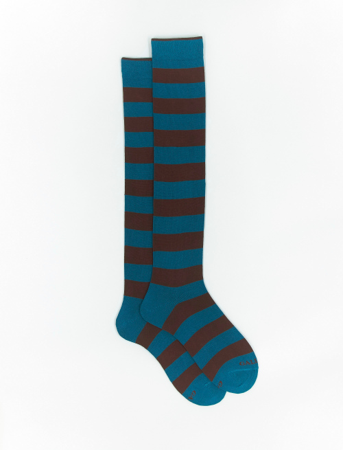 Men's long lagoon blue cotton socks with two-tone stripes - Bicolor | Gallo 1927 - Official Online Shop