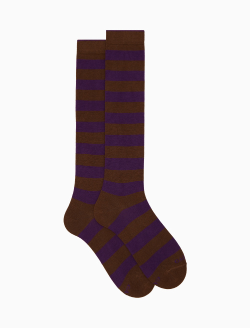 Men's long brown cotton socks with two-tone stripes - Bicolor | Gallo 1927 - Official Online Shop