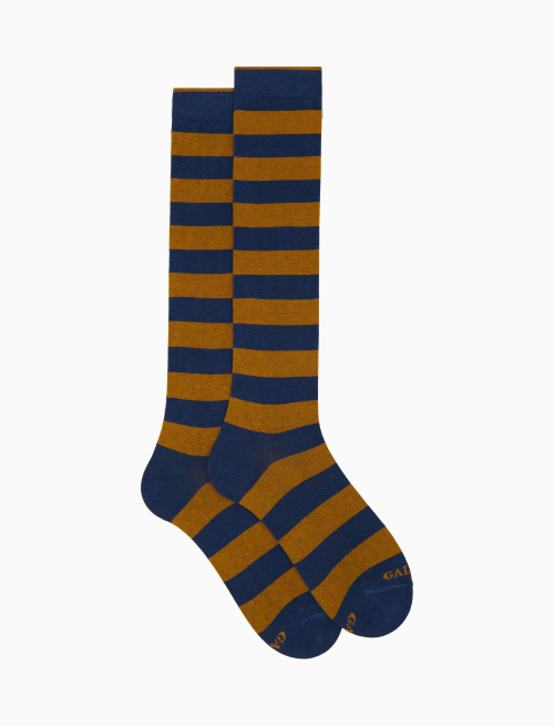 Men's long blue cotton socks with two-tone stripes - Bicolor | Gallo 1927 - Official Online Shop