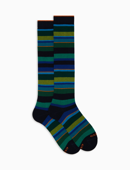 Men's long green cotton socks with multicoloured stripes - Socks | Gallo 1927 - Official Online Shop