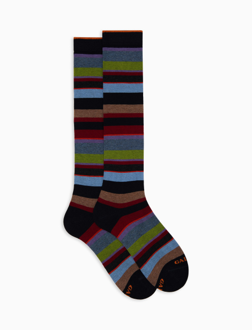 Men's long blue cotton socks with multicoloured stripes - Socks | Gallo 1927 - Official Online Shop