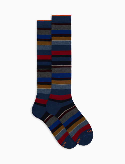 Men's long blue cotton socks with multicoloured stripes - Socks | Gallo 1927 - Official Online Shop