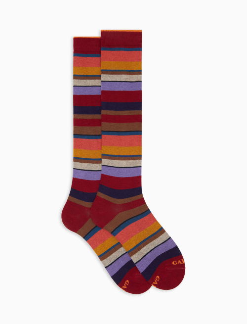 Men's long burgundy cotton socks with multicoloured stripes - Man | Gallo 1927 - Official Online Shop