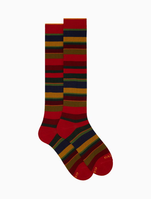Men's long red cotton socks with multicoloured stripes - Long | Gallo 1927 - Official Online Shop