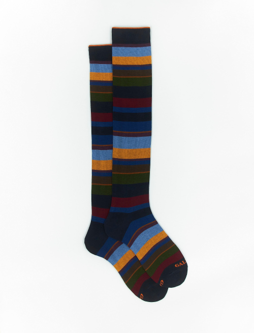 Men's long navy blue cotton socks with multicoloured stripes - Multicolor | Gallo 1927 - Official Online Shop