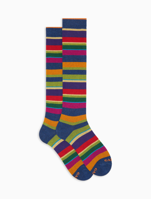 Men's long blue cotton socks with multicoloured stripes - Man | Gallo 1927 - Official Online Shop
