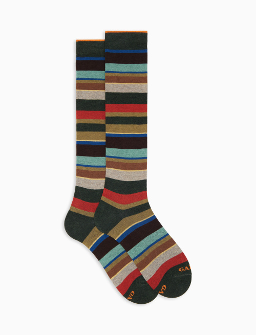 Men's long green cotton socks with multicoloured stripes - Man | Gallo 1927 - Official Online Shop