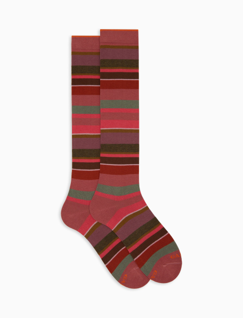 Men's long pink cotton socks with multicoloured stripes - Socks | Gallo 1927 - Official Online Shop