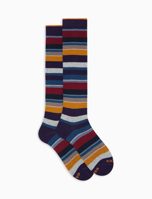 Men's long purple cotton socks with multicoloured stripes - Man | Gallo 1927 - Official Online Shop