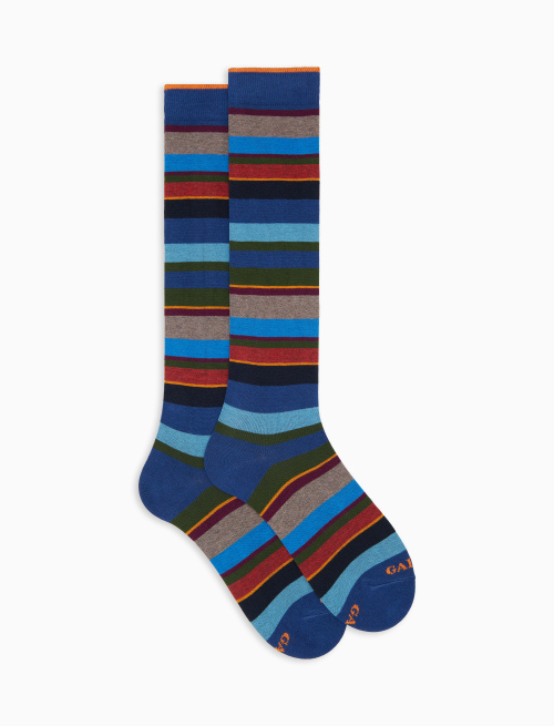 Men's long blue cotton socks with multicoloured stripes - Man | Gallo 1927 - Official Online Shop