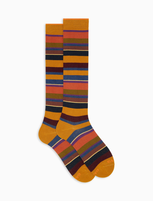 Men's long yellow cotton socks with multicoloured stripes - Man | Gallo 1927 - Official Online Shop