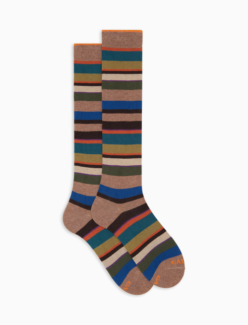Men's long beige cotton socks with multicoloured stripes - Man | Gallo 1927 - Official Online Shop