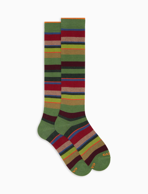 Men's long green cotton socks with multicoloured stripes - New In | Gallo 1927 - Official Online Shop