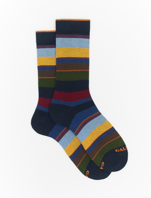 Men's short navy blue cotton socks with multicoloured stripes - Multicolor | Gallo 1927 - Official Online Shop