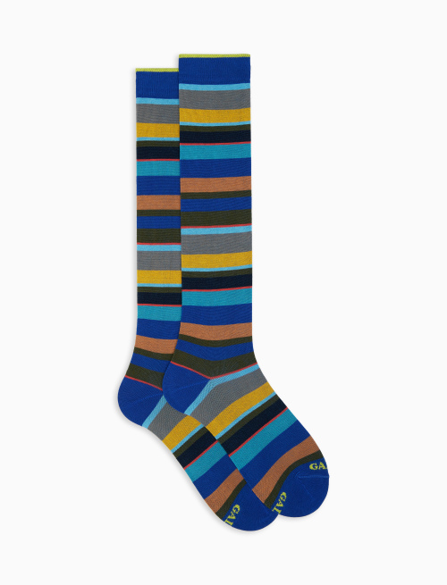 Men's long cobalt light cotton socks with multicoloured stripes - Multicolor | Gallo 1927 - Official Online Shop