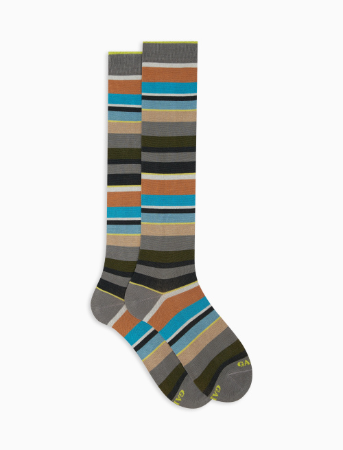 Men's long stone grey light cotton socks with multicoloured stripes - Multicolor | Gallo 1927 - Official Online Shop