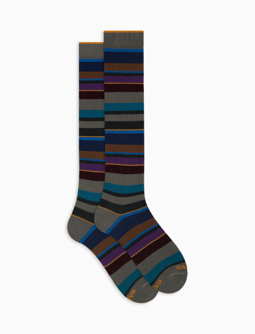 Men's long grey cotton socks with multicoloured stripes - Socks | Gallo 1927 - Official Online Shop