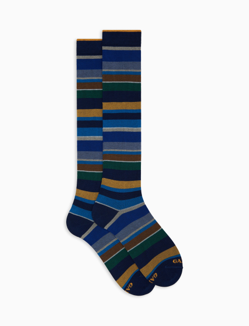 Men's long blue cotton socks with multicoloured stripes | Gallo 1927 - Official Online Shop