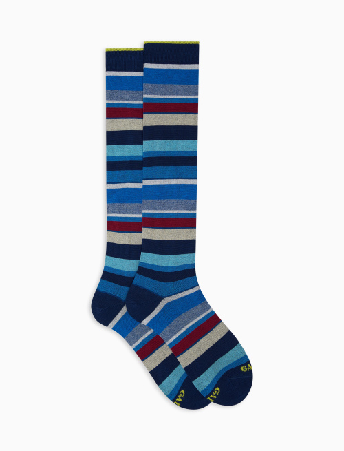 Men's long blue royal light cotton socks with multicoloured stripes - Man | Gallo 1927 - Official Online Shop