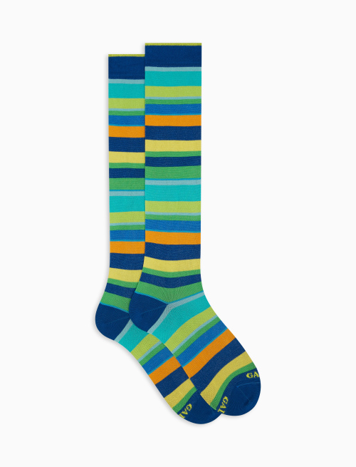 Men's long prussian blue light cotton socks with multicoloured stripes - Multicolor | Gallo 1927 - Official Online Shop