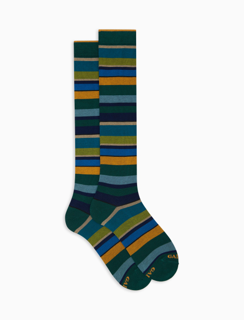 Men's long green cotton socks with multicoloured stripes - Long | Gallo 1927 - Official Online Shop