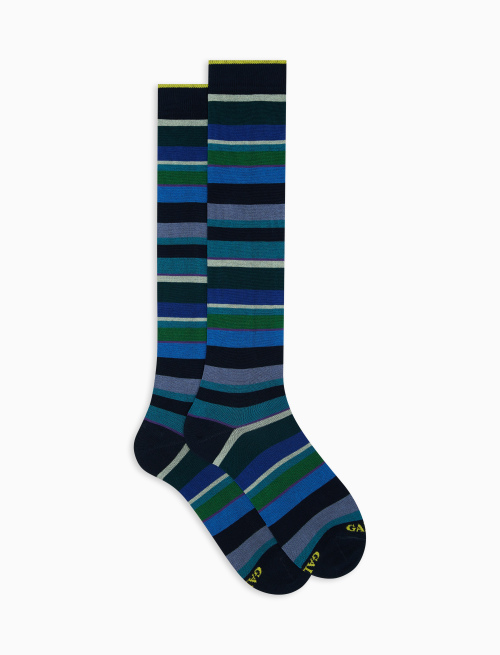 Men's long ocean blue light cotton socks with multicoloured stripes - Multicolor | Gallo 1927 - Official Online Shop