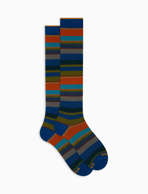 Men's long blue cotton socks with multicoloured stripes - Socks | Gallo 1927 - Official Online Shop