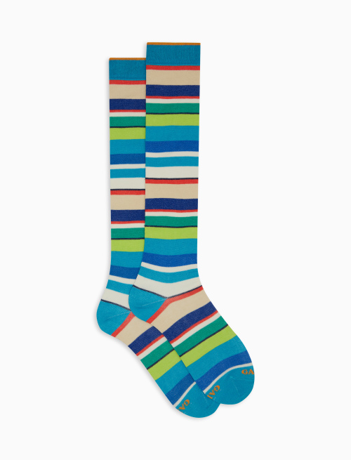 Men's long light blue cotton socks with multicoloured stripes - Socks | Gallo 1927 - Official Online Shop