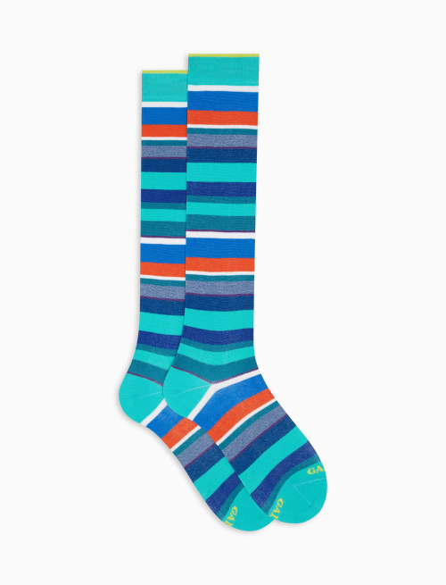 Men's long aquamarine light cotton socks with multicoloured stripes - Socks | Gallo 1927 - Official Online Shop