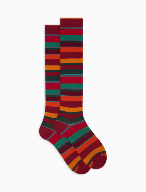 Men's long red cotton socks with multicoloured stripes - Socks | Gallo 1927 - Official Online Shop